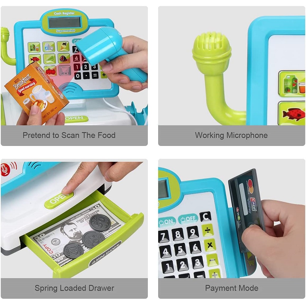 Caja registradora electrónica de juguete, escáner de juego de simulación,  tarjeta de dinero y crédito, comestibles con sonido verde